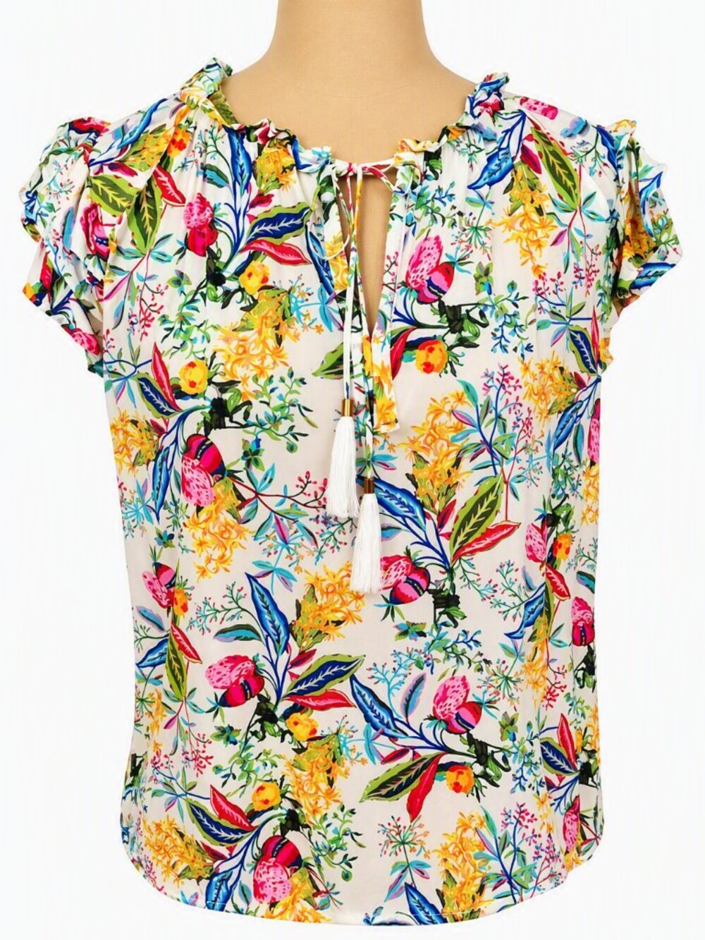 Rose & Olive Floral Print Rayon Blouse Large Ruffle Sleeve